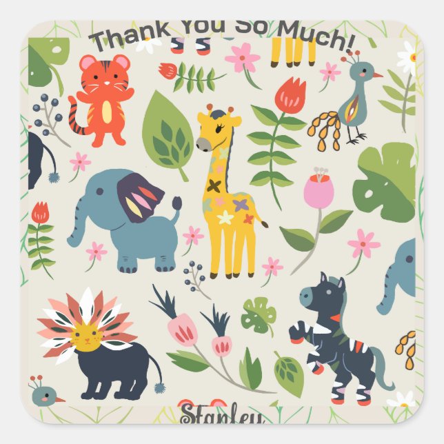 Animal Jungle Pastel Leaf Muster Vielen Dank Quadratischer Aufkleber (Vorderseite)