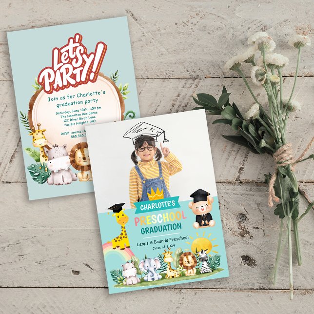 Animal Kids Preschool Graduol Party Invitation (Animal Kids Preschool Graduation Party Invite)