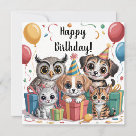 Animal Party Illustration with Puppies, Kittens Karte
