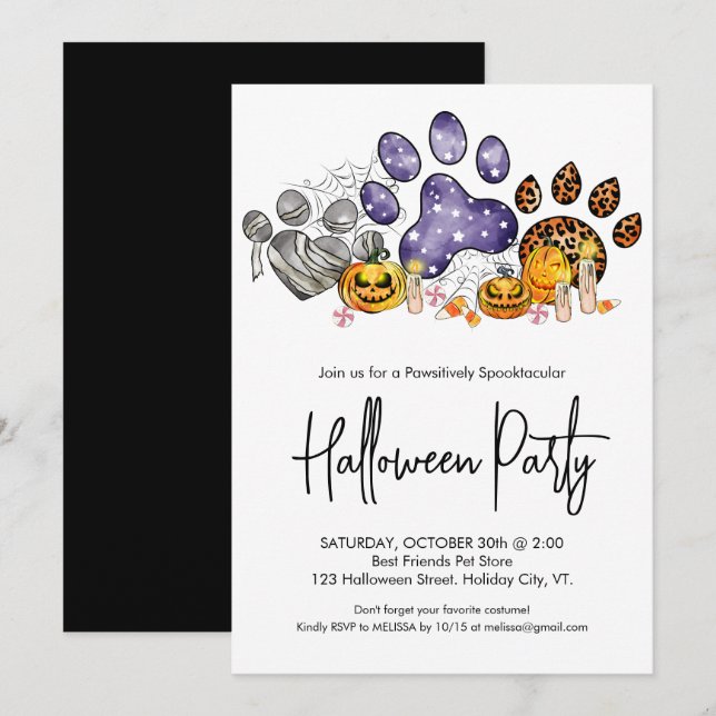 Animal Paw Prints Pumpkin Pet Halloween-Party Einladung (Vorne/Hinten)