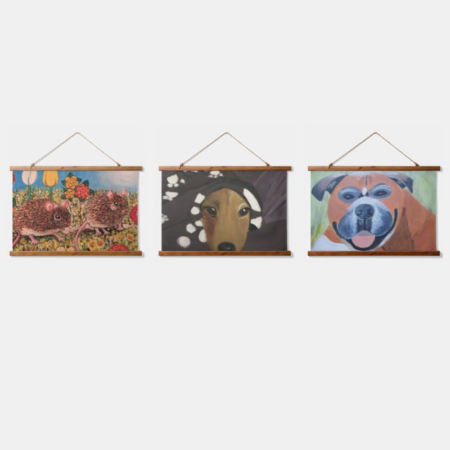 Animal portraits Wood Topped Wall Tapestry Wandteppich Mit Holzrahmen (Dreifach)