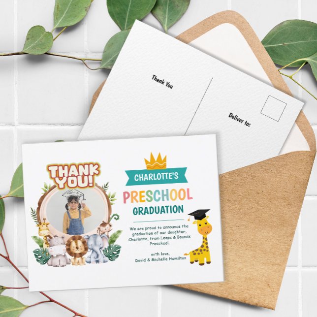 Animal Preschool Foto Abschluss Vielen Dank Postkarte (Animal Preschool Photo Graduation Thank You Postcard)