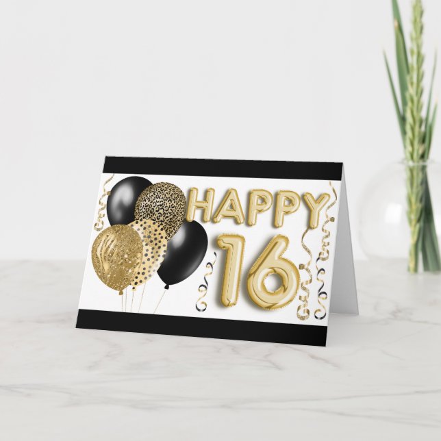 Animal Print & Gold Balloons Happy 16. Geburtstag Karte (Vorderseite)