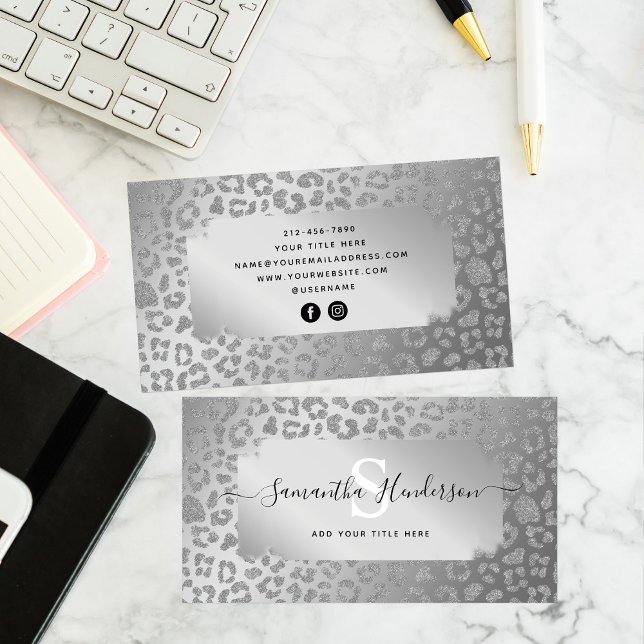 Animal Print Silver Glam Glitzer Social Media Visitenkarte (Von Creator hochgeladen)