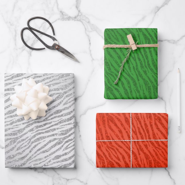 Animal Print Silver Glitzer Glam Geschenkpapier Set (Vorderseite)