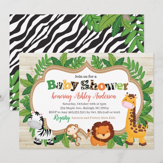 Animal Safari Jungle Baby Dusche Einladung (Vorne/Hinten)