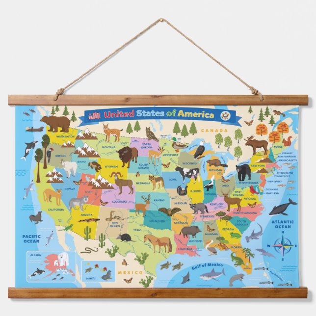 Animal US Map for Kids Wall Wandteppich Mit Holzrahmen (Vorne)