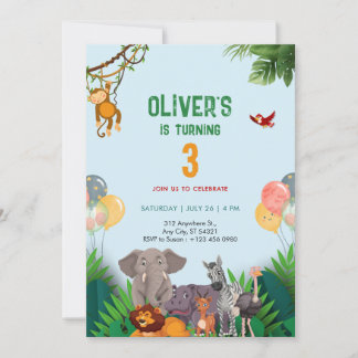 Animals Jungle Land 3rd Birthday Party Invitation Einladung