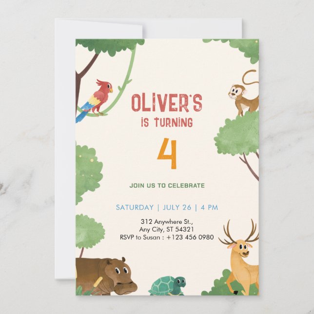 Animals Kingdom Jungle 4th Birthday Invitation   Einladung (Vorderseite)