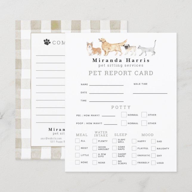 Animals Pet Sitter Dog Walker Pet Report Card (Vorne/Hinten)