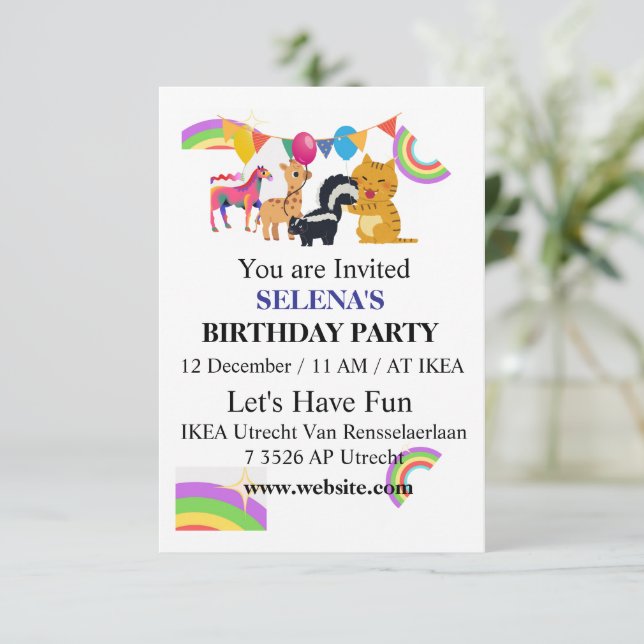 Animals & Rainbows Birthday Party Invitation Dankeskarte (Stehend Vorderseite)