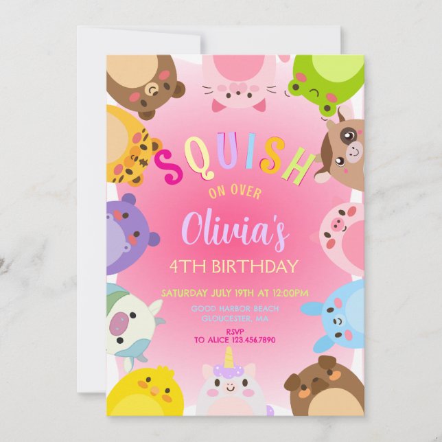 Animals Squish Girl Birthday party Einladung (Vorderseite)