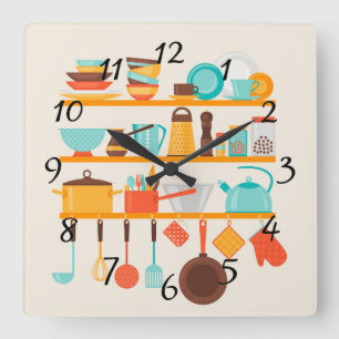 Animated Kitchen Items Quadratische Wanduhr