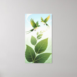 Animated patterns of leaves and birds leinwanddruck