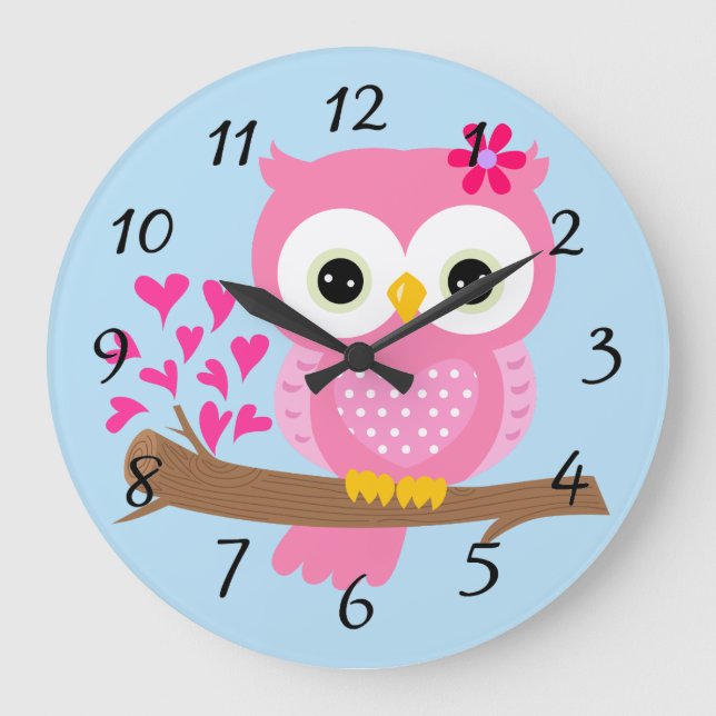 Animated Pink Owl Große Wanduhr (Vorderseite)