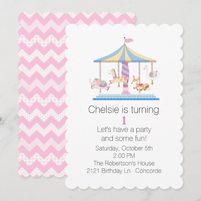 Animaux Carousel Baby Invitation pour le premier a (Devant / Derrière)