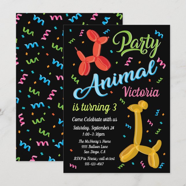 Animaux de ballon de fête Invitations d'anniversai (Devant / Derrière)