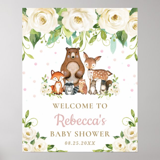 Animaux de bois Baby shower floral Affiche de bien (Devant)