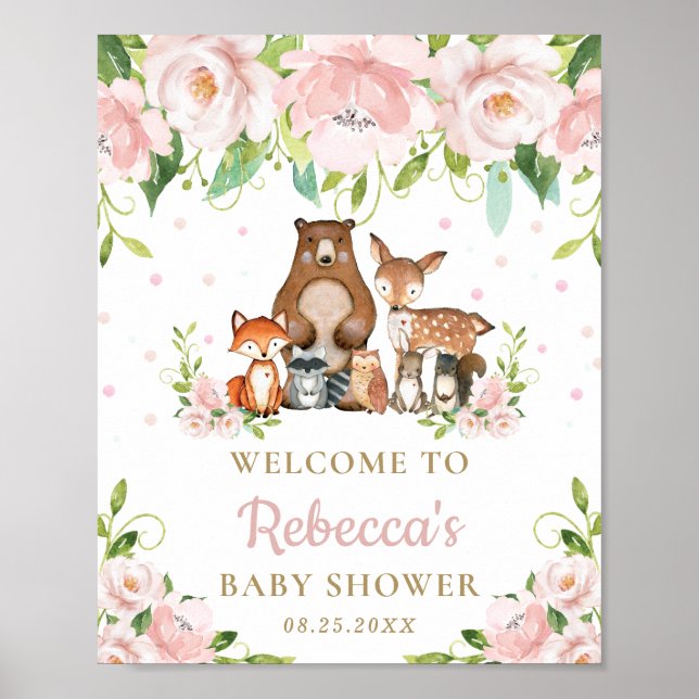 Animaux de bois Baby shower floral Affiche de bien (Devant)