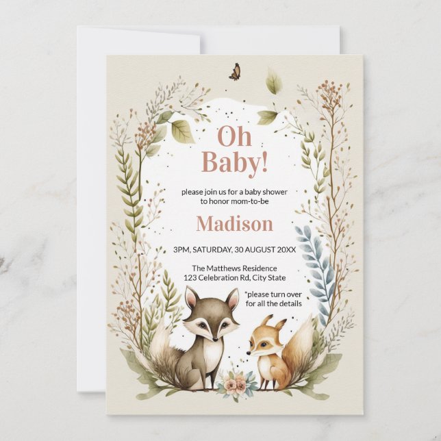 Animaux de bois Baby shower Invitation fille (Devant)
