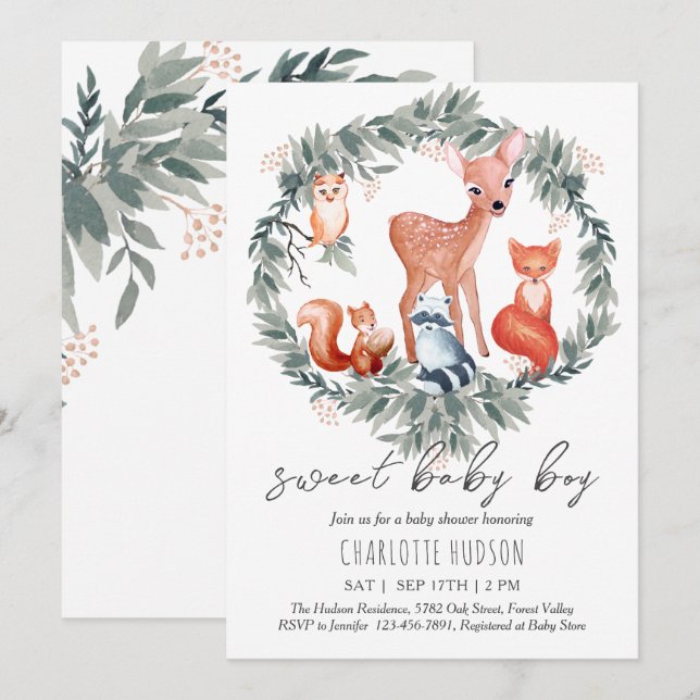 Animaux de bois Baby shower Invitation garçon (Devant / Derrière)
