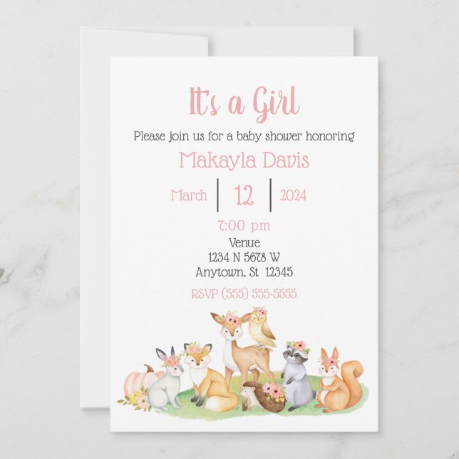Animaux de bois bébé fille douche Invitation (Devant)
