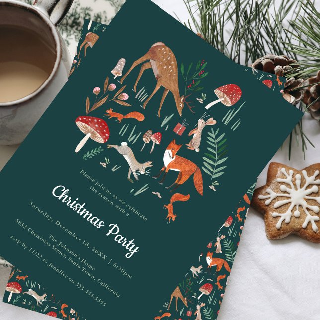 Animaux de bois Green Christmas Party Invitation (Woodland Animals Green Christmas Party Invitation)