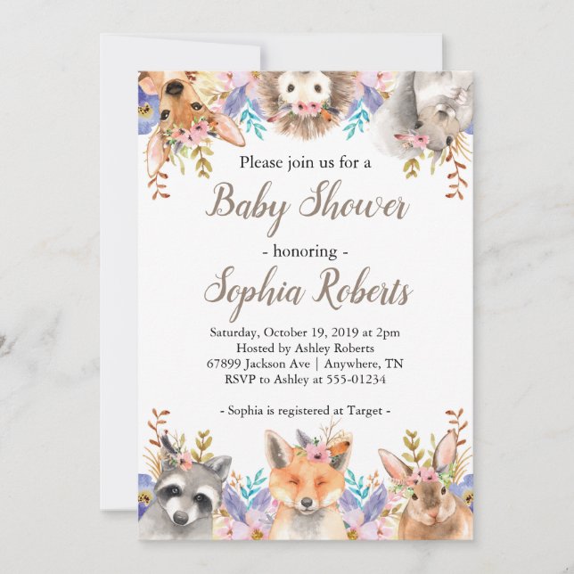 Animaux de bois Invitation Baby shower fille (Devant)