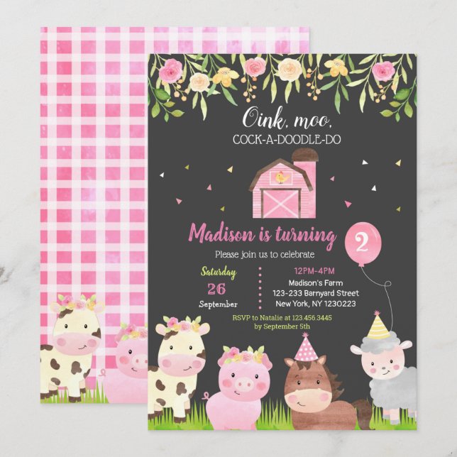 Animaux de ferme 2e anniversaire fêtes Invitations (Devant / Derrière)