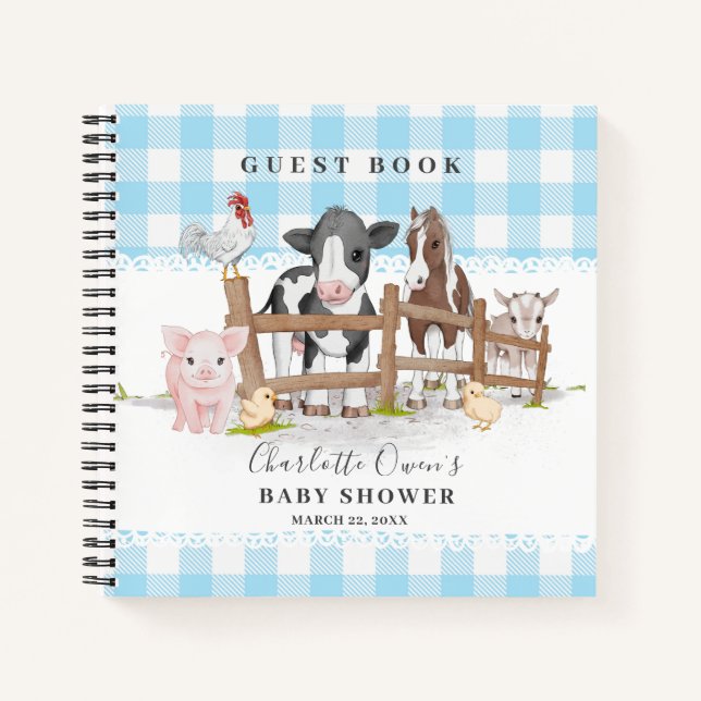 Animaux de ferme Barnyard Blue Baby shower Livre d (Devant)