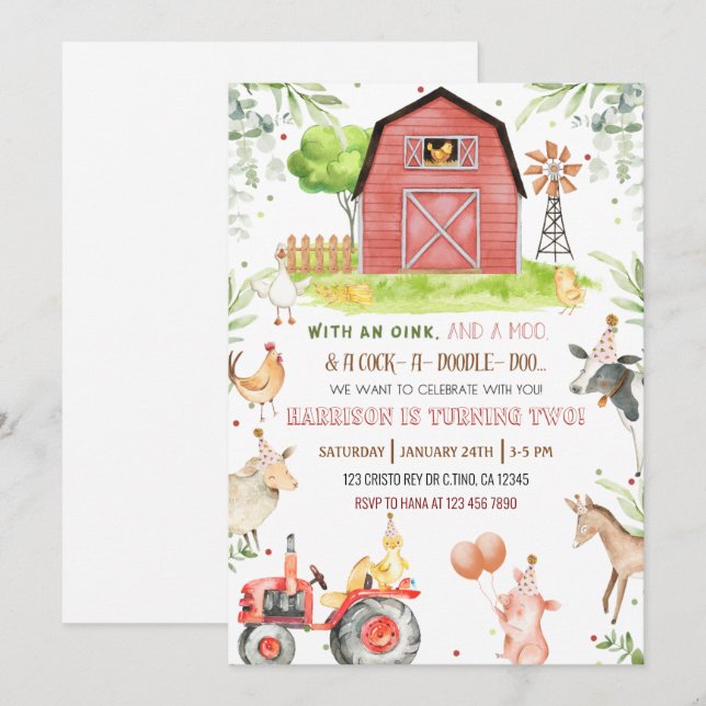 Animaux de ferme Boy Anniversaire Invitation (Devant / Derrière)