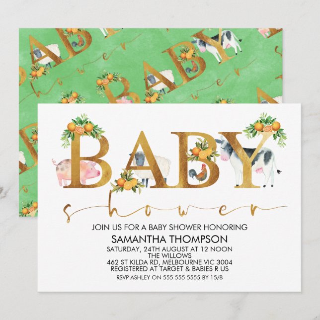 Animaux de ferme Invitation au Baby shower de mots (Devant / Derrière)