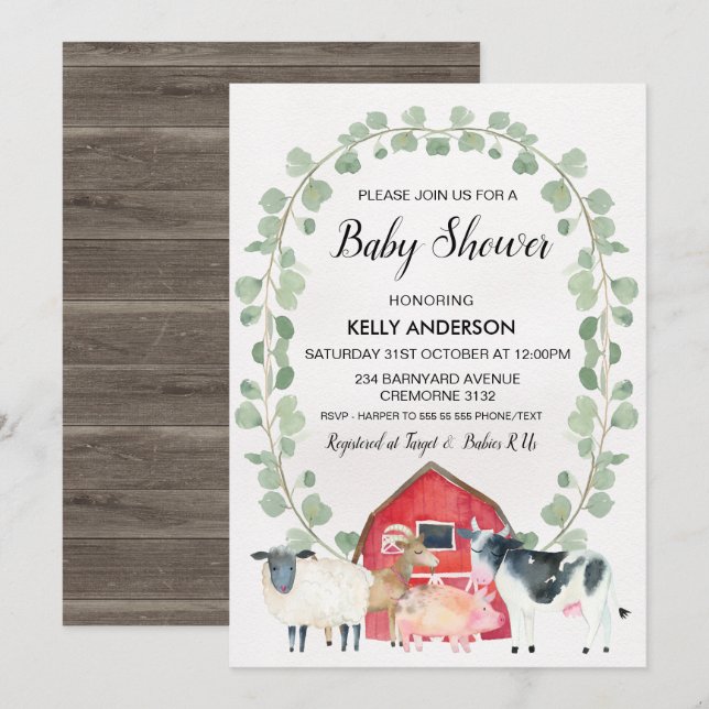 Animaux de ferme Invitation au Baby shower de serp (Devant / Derrière)