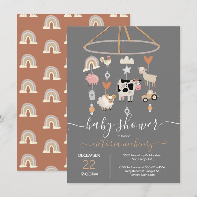Animaux de ferme Invitation Baby shower mobile (Devant / Derrière)