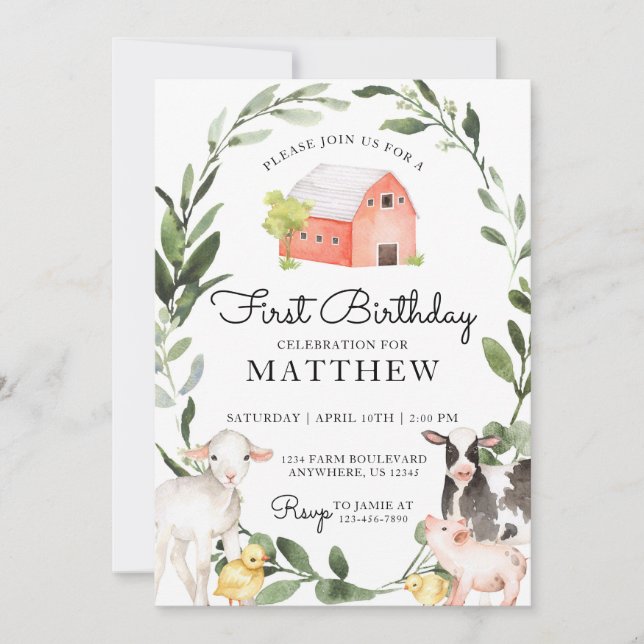 Animaux de ferme Invitation d'anniversaire pour un (Devant)