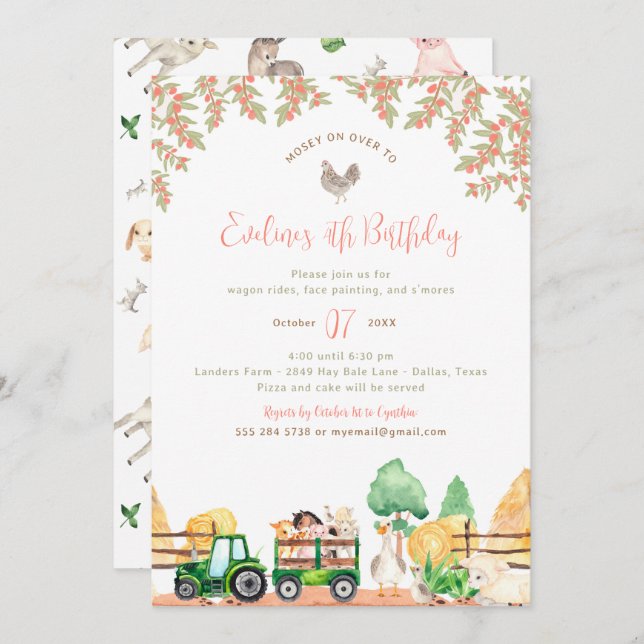 Animaux de ferme Invitation de fête d'anniversaire (Devant / Derrière)