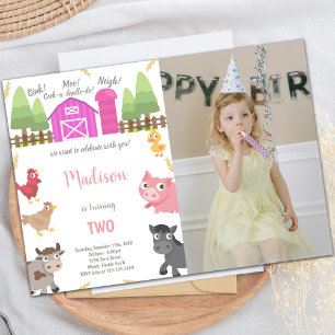 Animaux de ferme roses Invitations avec photo