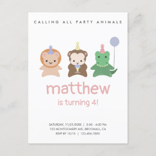 Animaux de fête Anniversaire Simple Invitation Car