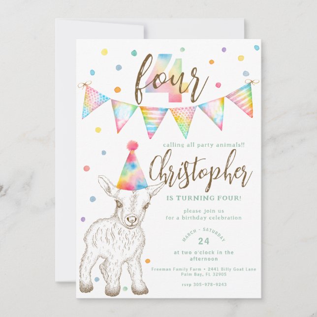 Animaux de fête Chèvre 4e anniversaire Invitation  (Devant)