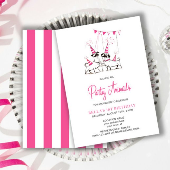 Animaux de fête Chiot rose Anniversaire Invitation (Créateur téléchargé)