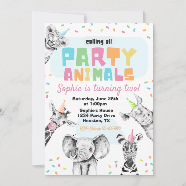Animaux de fête Invitation d'anniversaire | Animau (Devant)