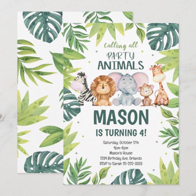 Animaux de fête Jungle Safari Invitation Anniversa (Devant / Derrière)