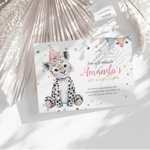Animaux de fête léopard rose Invitation d'annivers