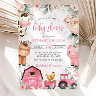 Animaux de la ferme rose florale Invitation Baby s