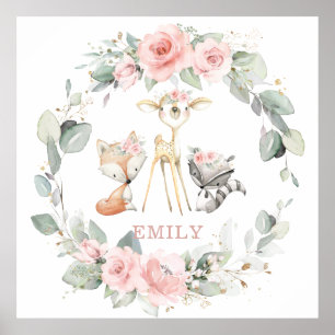 Animaux de la forêt Fleurs roses décoration murale