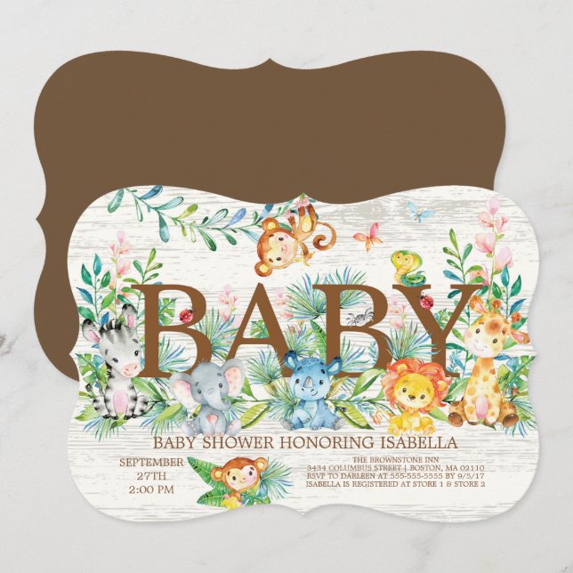 Animaux de la Jungle Neutre Invitation Baby shower (Devant / Derrière)