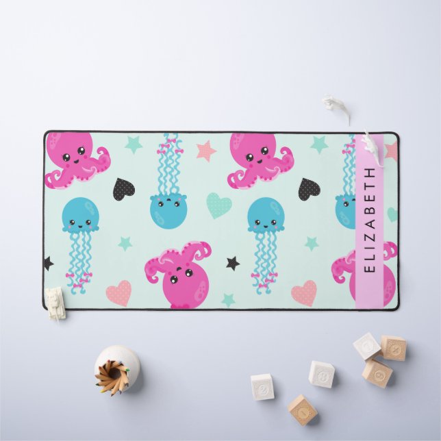 Animaux de mer, poulpe, méduse, Coeurs, Votre nom (Tableau pour enfants)