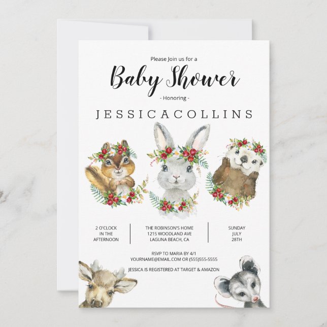 Animaux des bois Aquarelle Baby shower Invitation (Devant)