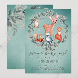 Animaux des bois Baby shower Invitation fille