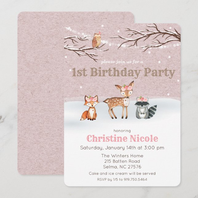 Animaux des bois Fille 1er anniversaire Invitation (Devant / Derrière)